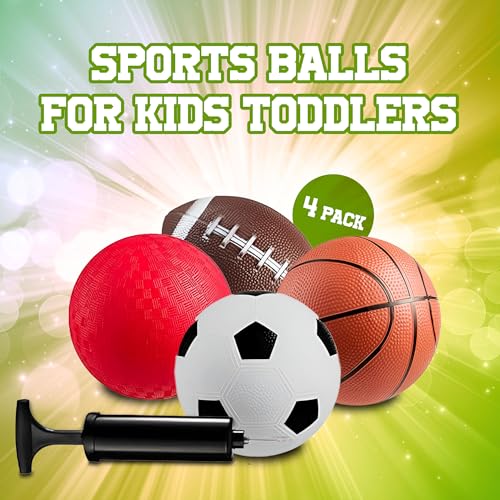 PlayBolt Sports Balls for Kids & Toddlers - 5-inch Sports Balls Set Includes Football, Small Soccer Ball, Basketball, and Playground Balls, Fun Indoors & Outdoor Toys (Hand Pump Included)