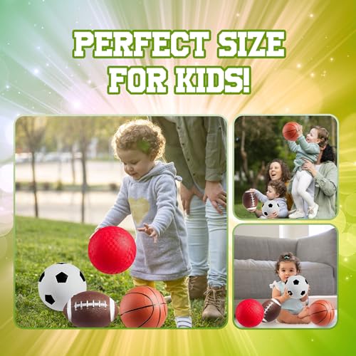 PlayBolt Sports Balls for Kids & Toddlers - 5-inch Sports Balls Set Includes Football, Small Soccer Ball, Basketball, and Playground Balls, Fun Indoors & Outdoor Toys (Hand Pump Included)