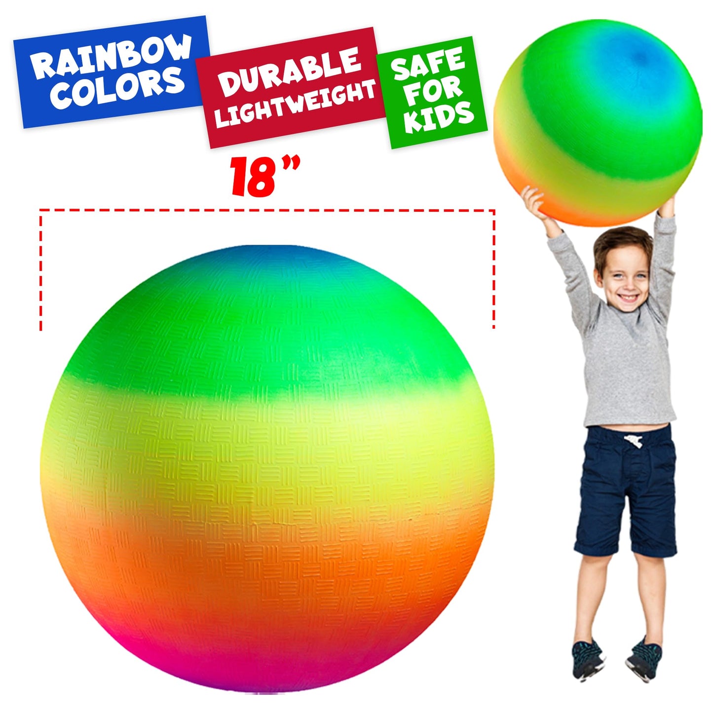 18 Inch Rainbow Playground Ball for Kids (Pack of 1) Jumbo Size Rainbow Inflatable Big Bouncy Kickball for Park, Giant Balls for Indoor and Outdoor Games with Hand Pump