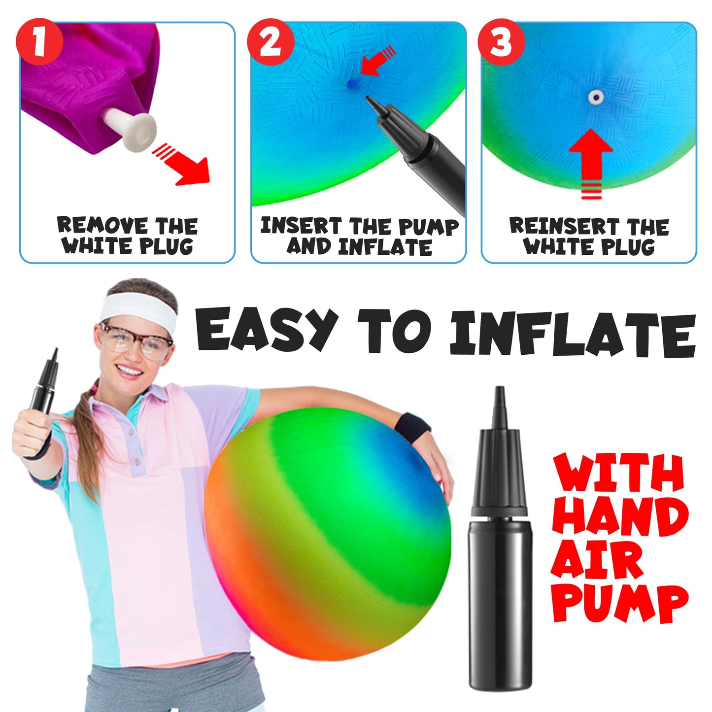 18 Inch Rainbow Playground Ball for Kids (Pack of 1) Jumbo Size Rainbow Inflatable Big Bouncy Kickball for Park, Giant Balls for Indoor and Outdoor Games with Hand Pump