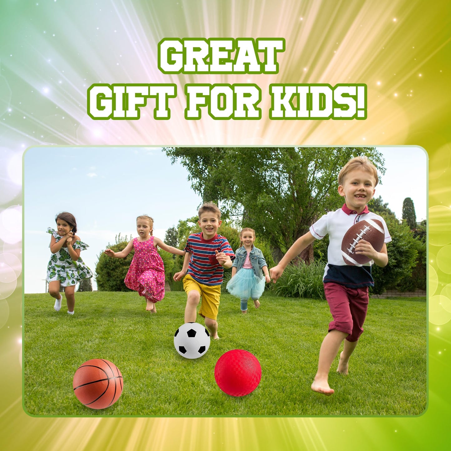 PlayBolt Sports Balls for Kids & Toddlers - 5-inch Sports Balls Set Includes Football, Small Soccer Ball, Basketball, and Playground Balls, Fun Indoors & Outdoor Toys (Hand Pump Included)