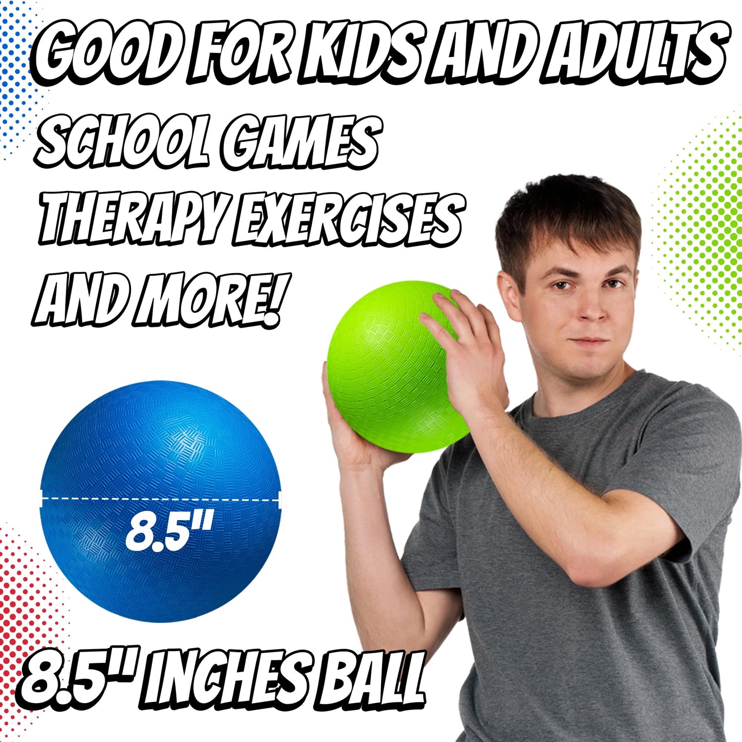 8.5 Inch Playground Balls for Kids & Adults - (Pack of 6) Inflatable Rubber Indoor Outdoor Bouncy Dodgeballs, Kickballs, Four Square and Handballs for School, Gym, Recess and More with Ball Pump