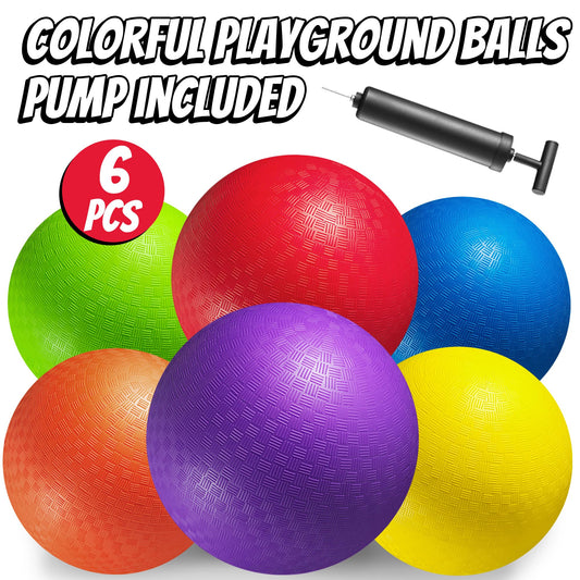 10 Inch Kickball Playground Balls - (Pack of 6) Inflatable Rubber Indoor Outdoor Bouncy Balls for Adults & Kids - Dodgeballs, Kickballs, Four Square and Handballs for School, Gym, with Hand Pump