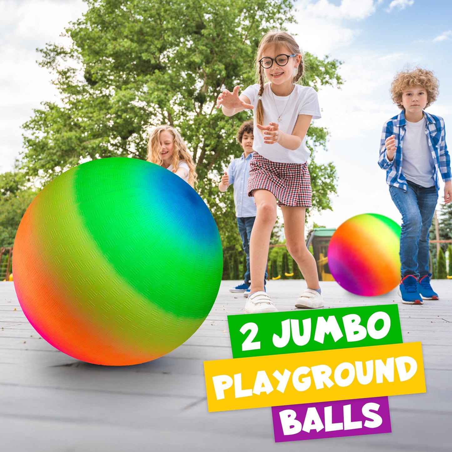 18 Inch Rubber Playground Balls for Kids - (2-Pack) Giant Large Rainbow Inflatable Bouncy Play Ball - Big Size, Kickballs, Fun for Park, Recess, Backyard, Indoor and Outdoor Games with Hand Pump