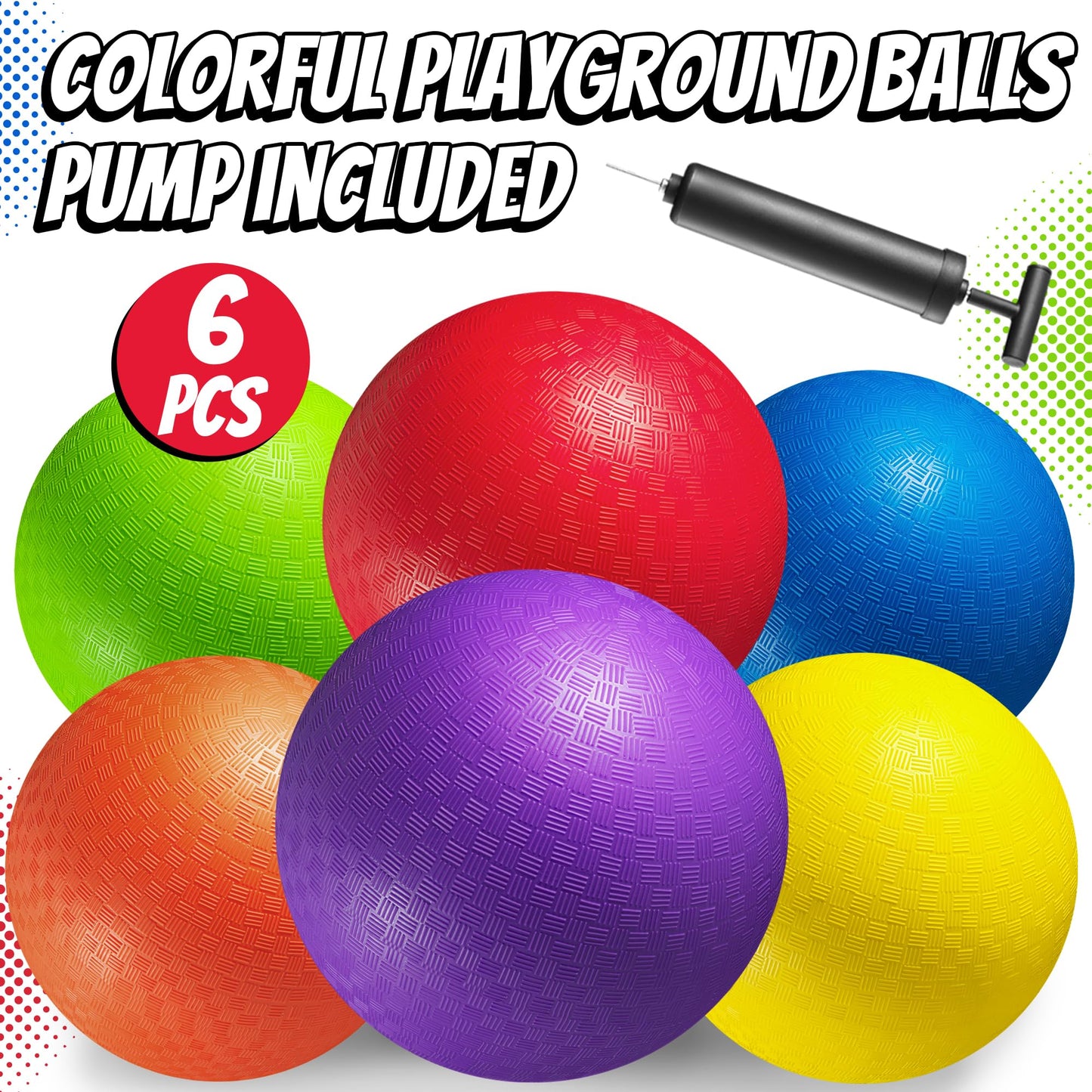 8.5 Inch Playground Balls for Kids & Adults - (Pack of 6) Inflatable Rubber Indoor Outdoor Bouncy Dodgeballs, Kickballs, Four Square and Handballs for School, Gym, Recess and More with Ball Pump