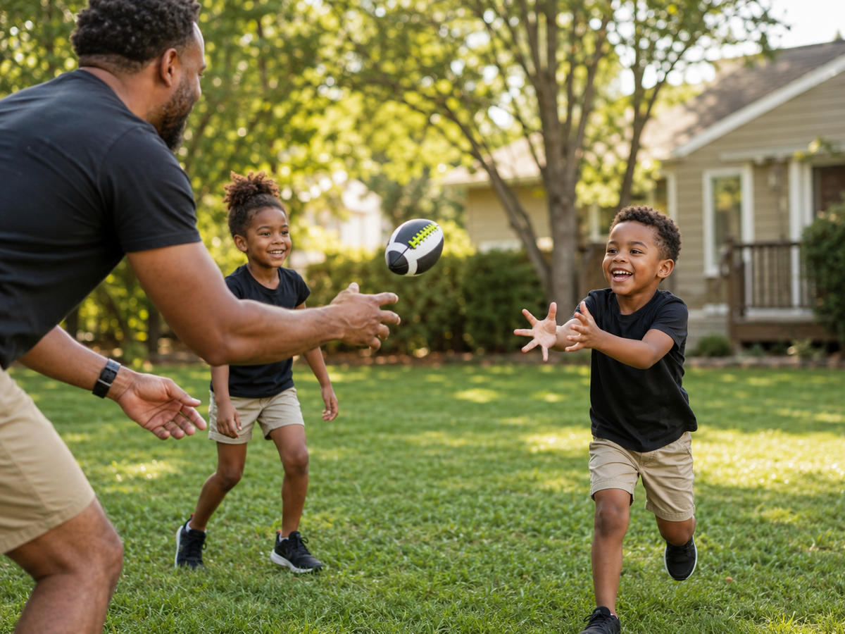 Family playing with a mini football
