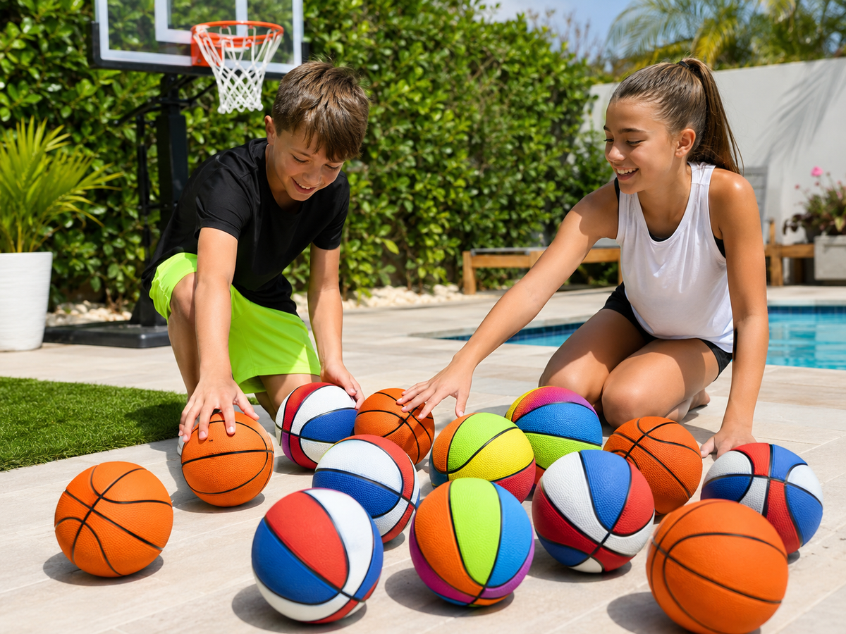 Children choosing from colorful mini basketball multipacks