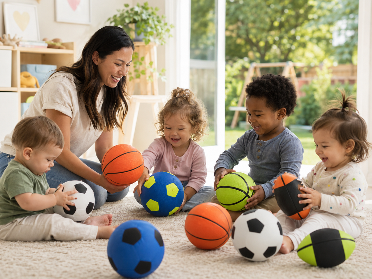 Toddlers discovering easy-grip mini sports balls