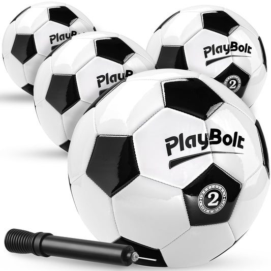 PlayBolt Soccer Ball Size 2 - Official Size Soccer Balls with Pump in Classic Black and White for Kids Youth & Toddler Sports, Indoor & Outdoor (Pack of 4)