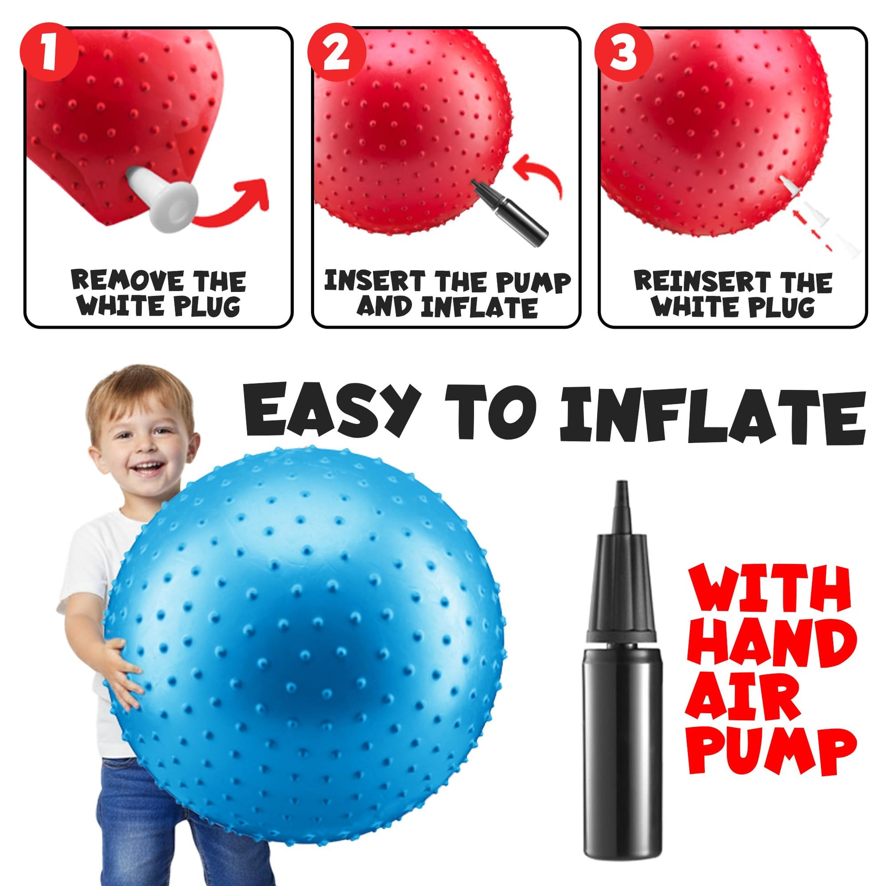 PlayBolt Jumbo 18-Inch Knobby Sensory Balls with Pump (Pack of 2) - Large Size Inflatable Bumpy Grip Bouncy Balls for Toddlers, Kids, Therapy, Daycare, School Recess, Backyard, Indoor & Outdoor Play