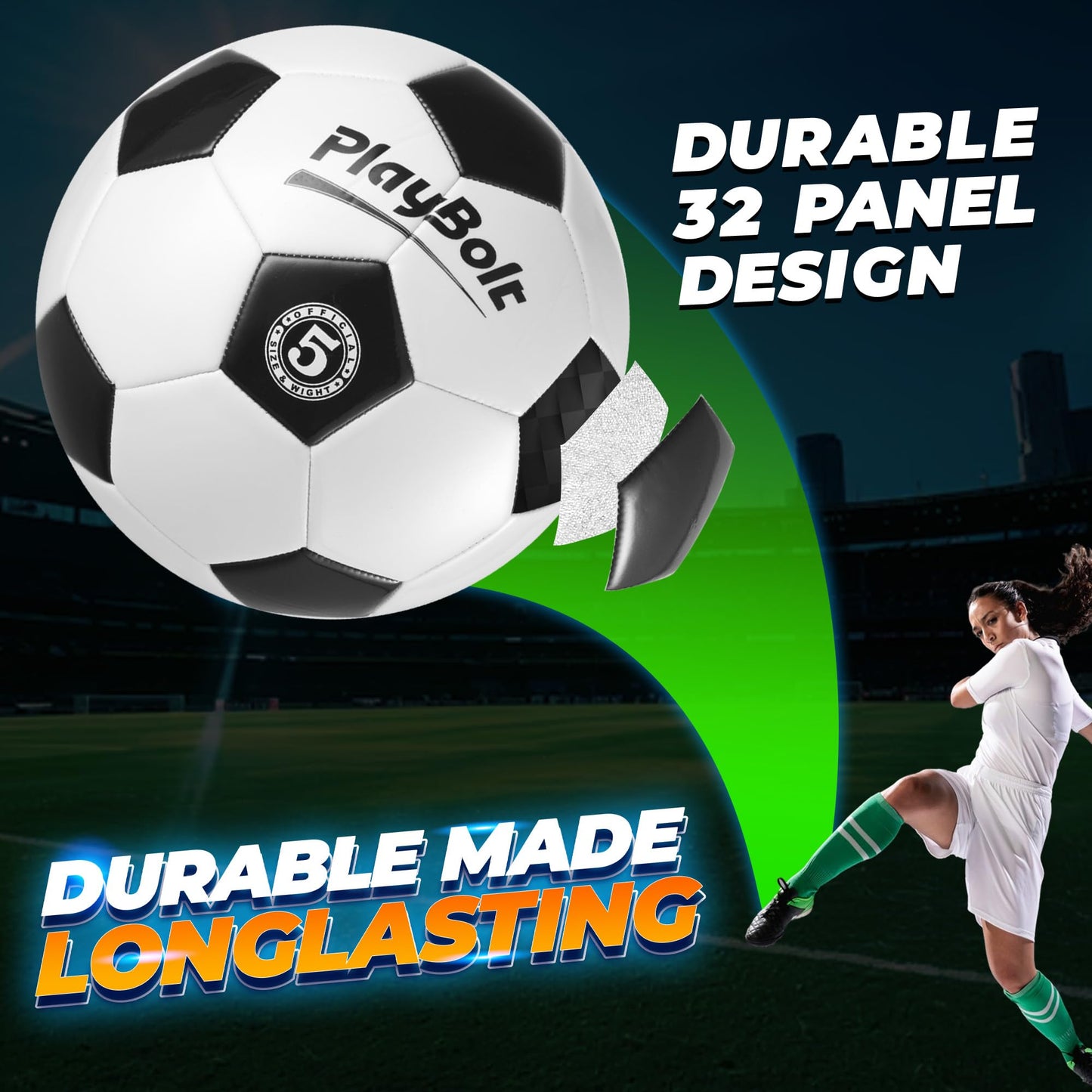 PlayBolt Soccer Ball Size 5 - Premium PVC Leather Cover - Official Size & Weight Soccer Balls with Pump - Training, Practice, Match & Game Ball for Kids, Teens & Adults (Pack of 1)