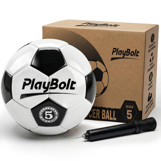 PlayBolt Soccer Ball Size 5 - Premium PVC Leather Cover - Official Size & Weight Soccer Balls with Pump - Training, Practice, Match & Game Ball for Kids, Teens & Adults (Pack of 1)