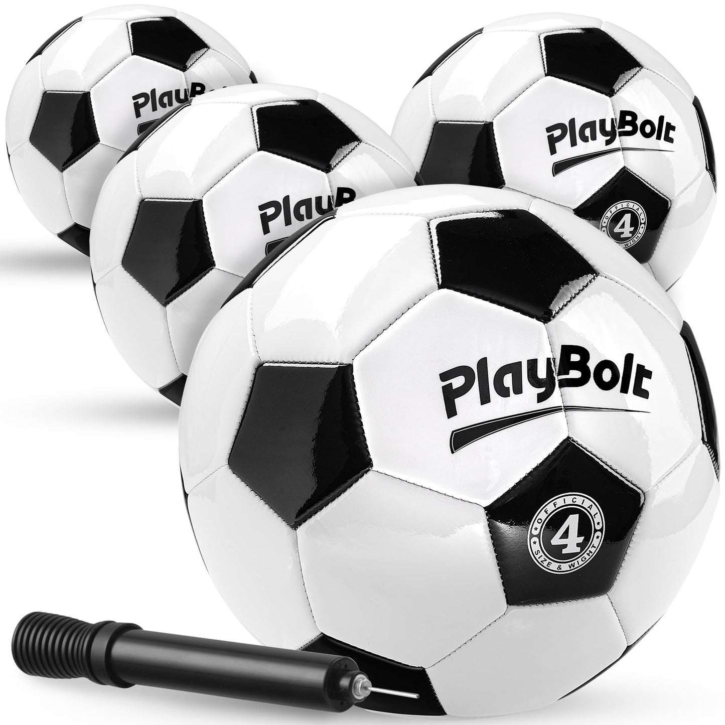PlayBolt Soccer Ball Size 4 - Premium PVC Leather Cover - Youth Soccer Balls with Pump - Training, Practice, Match & Game Ball for Kids & Teens (Pack of 4)