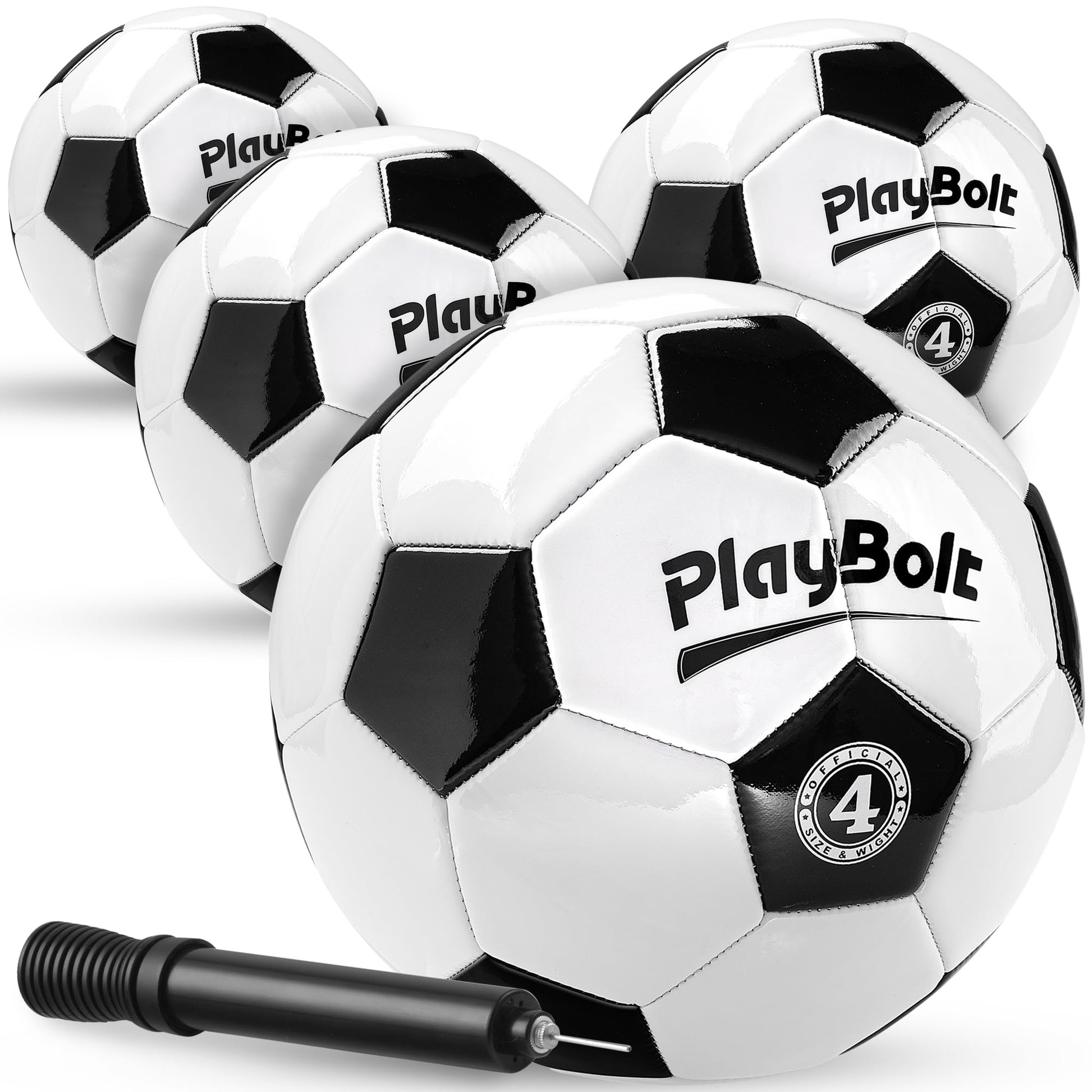 PlayBolt Soccer Ball Size 4 - Premium PVC Leather Cover - Youth Soccer Balls with Pump - Training, Practice, Match & Game Ball for Kids & Teens (Pack of 4)