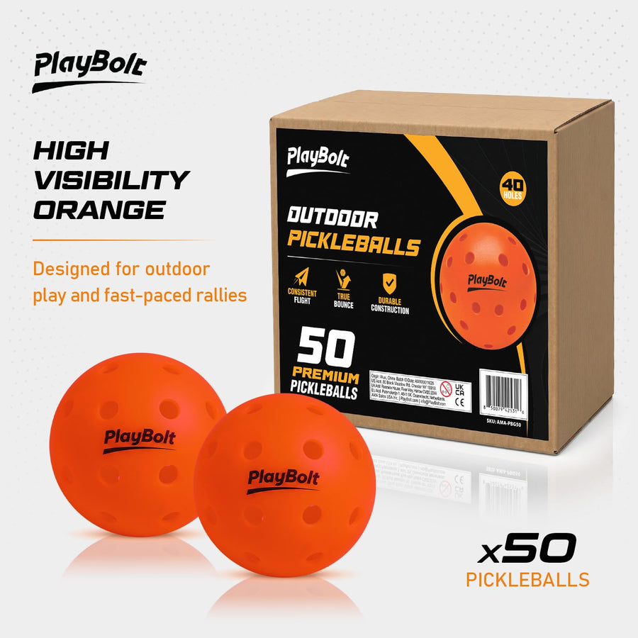 PlayBolt Outdoor Pickleball Balls, 50 Pack Bulk Orange Pickle Ball Set