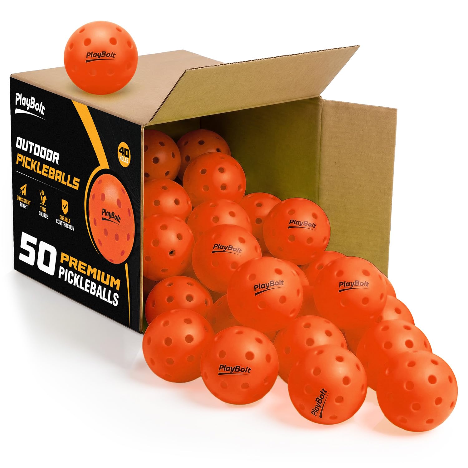 PlayBolt Outdoor Pickleball Balls, 50 Pack Bulk Orange Pickle Ball Set