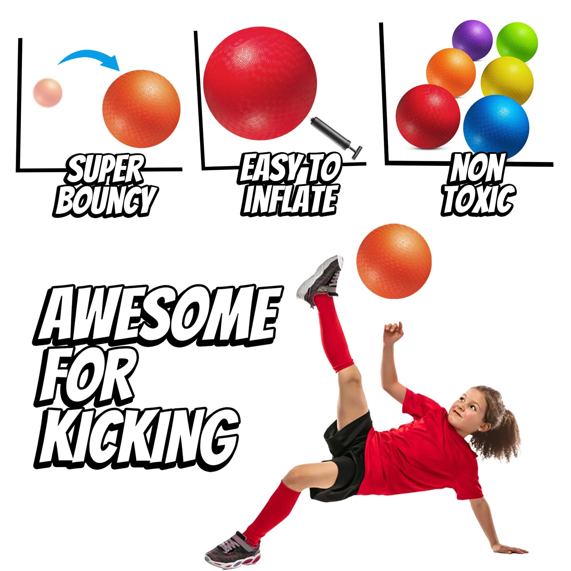 10 Inch Kickball Playground Balls - (Pack of 6) Inflatable Rubber Indoor Outdoor Bouncy Balls for Adults & Kids - Dodgeballs, Kickballs, Four Square and Handballs for School, Gym, with Hand Pump