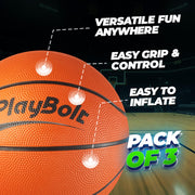PlayBolt Size 3 Mini Basketballs (Pack of 3) - 7-Inch Premium Orange Youth Rubber Basketballs with Hand Pump for Kids, Indoor Over-The-Door Hoops, Backyard Pools, Arcade Games, Training and Practice