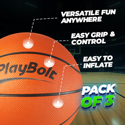 PlayBolt Size 3 Mini Basketballs (Pack of 3) - 7-Inch Premium Orange Youth Rubber Basketballs with Hand Pump for Kids, Indoor Over-The-Door Hoops, Backyard Pools, Arcade Games, Training and Practice