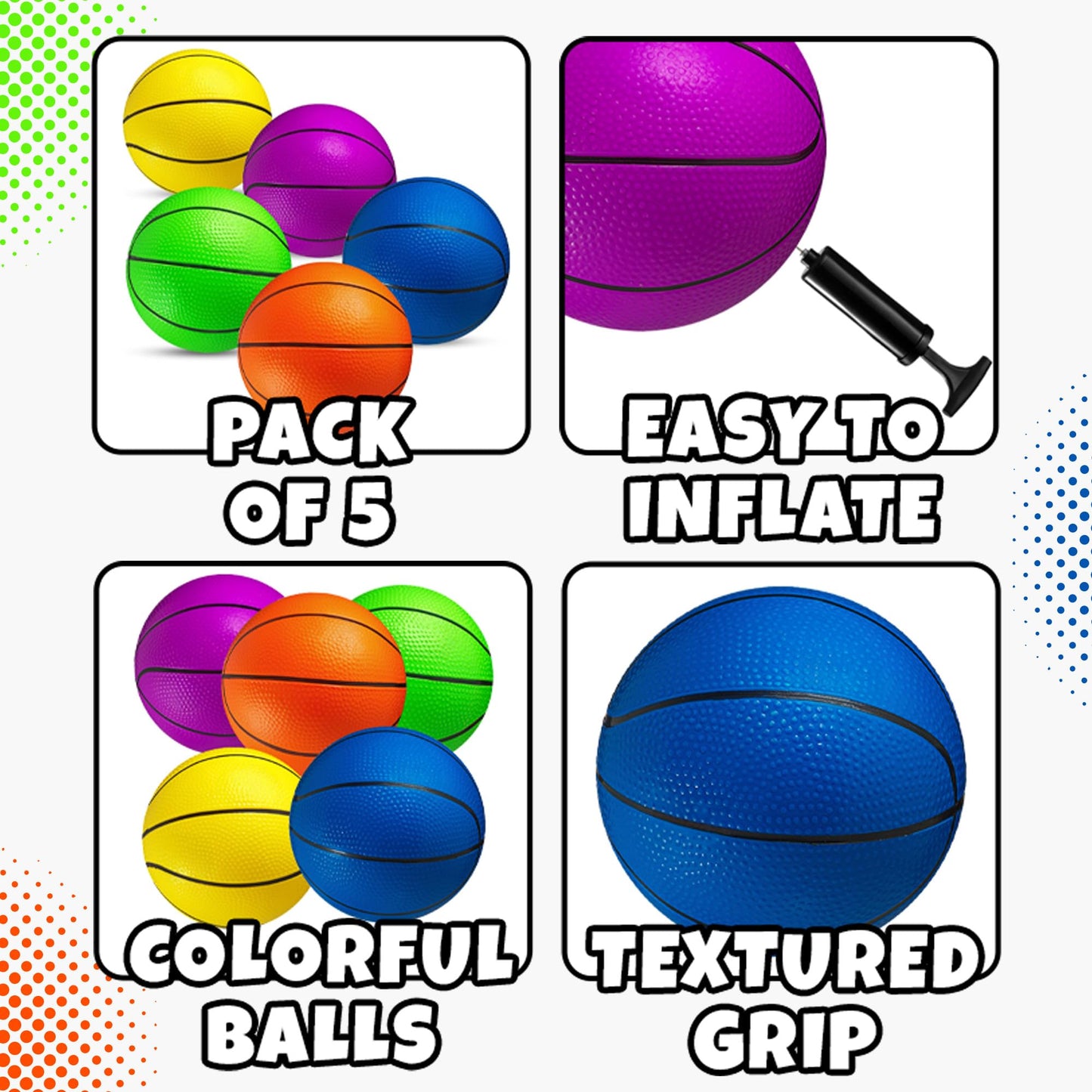 Mini Basketball Set for Kids - 6 Inch (5 Pack) w/Hand Pump - Small Size Indoor Mini Hoop Balls for Toddlers - Over The Door Basketball Games, Indoor & Outdoor, Small Hoops, Pool Play & Party Favors