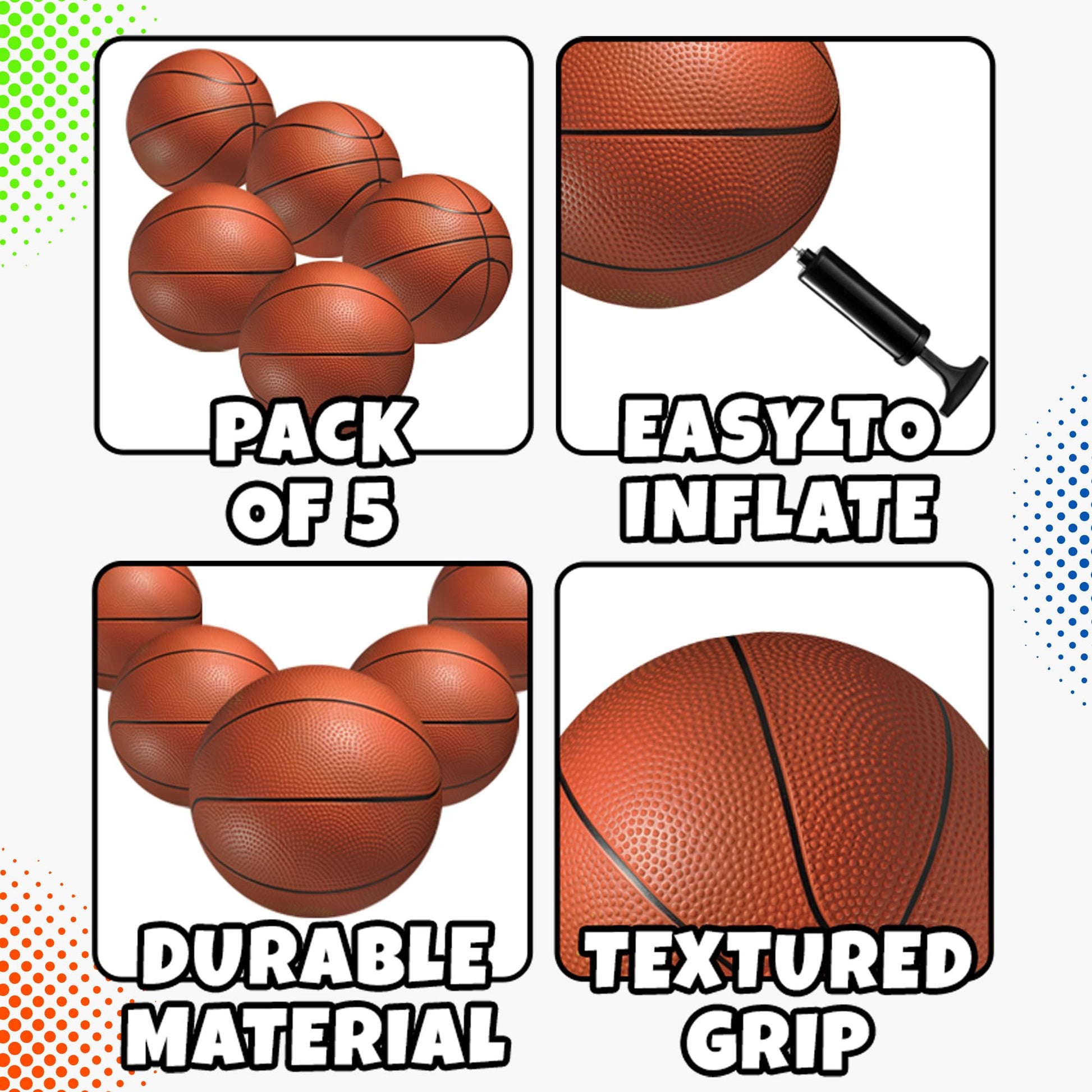 Mini Basketball Set for Kids - 6 Inch (5 Pack) w/Hand Pump - Small Size Indoor Mini Hoop Balls for Toddlers - Over The Door Basketball Games, Indoor & Outdoor, Small Hoops, Pool Play & Party Favors