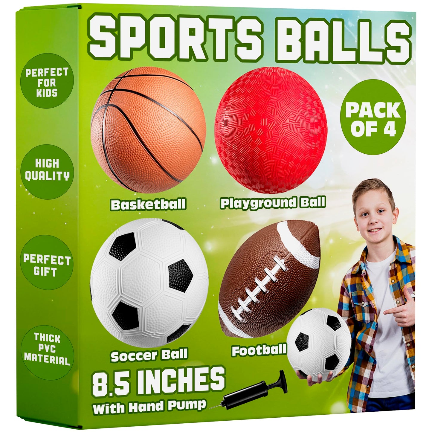 8.5” Sports Balls for Kids & Toddlers - (Pack of 4) Rubber Inflatable Multi-Sport Ball Set - Football, Soccer Ball, Basketball, Playground Ball & Pump - Birthday Gift Toys for Boys & Girls