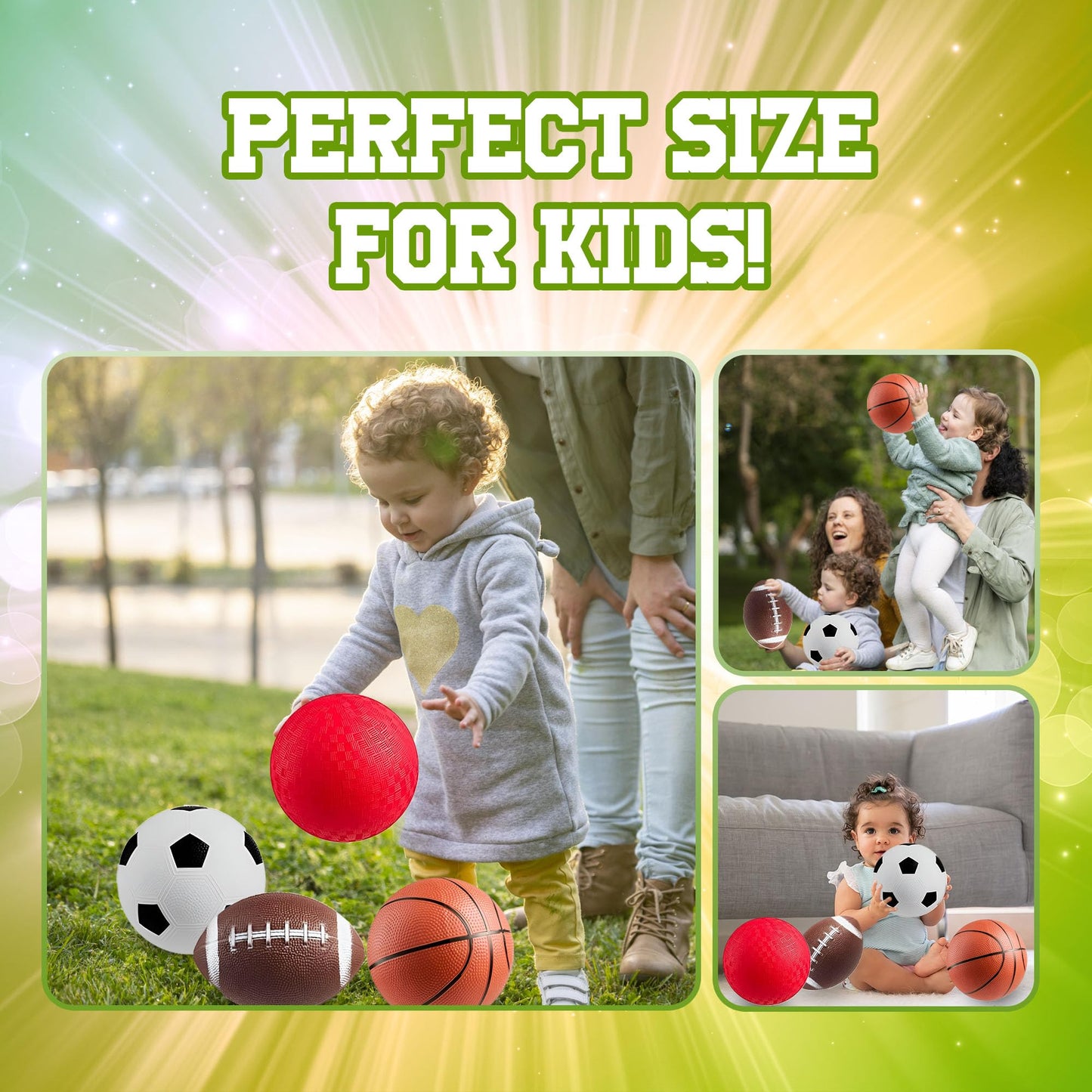 PlayBolt Sports Balls for Kids & Toddlers - 5-inch Sports Balls Set Includes Football, Small Soccer Ball, Basketball, and Playground Balls, Fun Indoors & Outdoor Toys (Hand Pump Included)