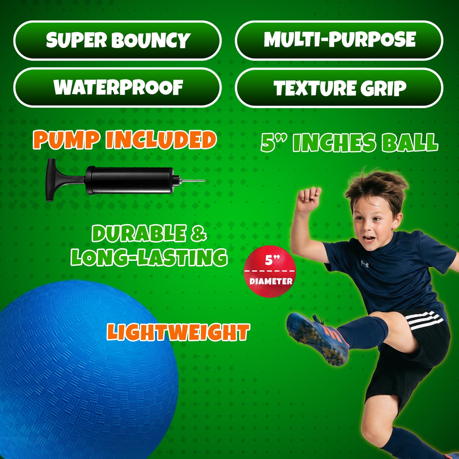 5 Inch Red & Blue Playground Dodgeballs - (2-Pack) - Small Playground Balls for Kids, Teens & Adults - Indoor & Outdoor Gym Sports Balls for Dodgeball, Four Square, PE, Recess Games w/Hand Pump