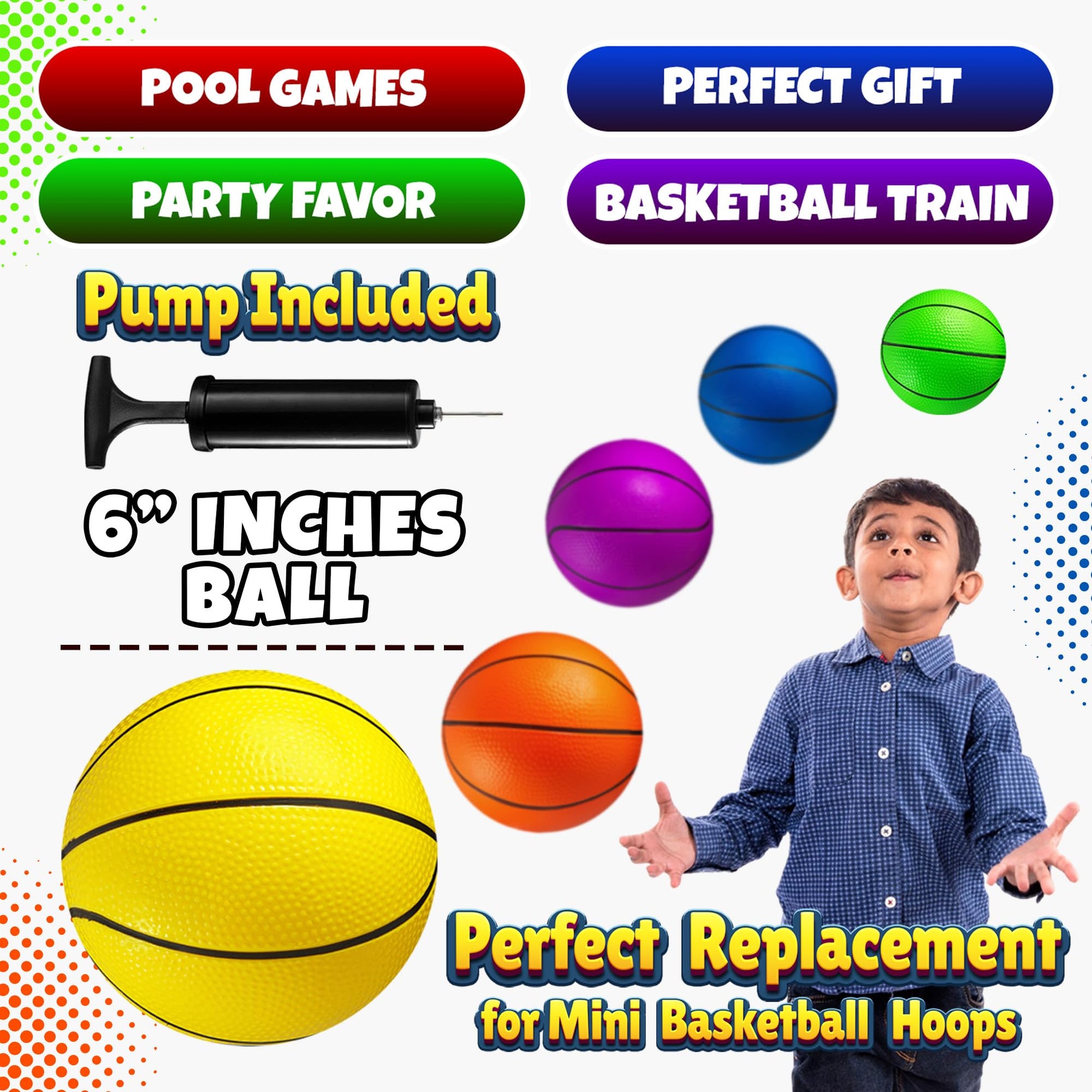 Mini Basketball Set for Kids - 6 Inch (5 Pack) w/Hand Pump - Small Size Indoor Mini Hoop Balls for Toddlers - Over The Door Basketball Games, Indoor & Outdoor, Small Hoops, Pool Play & Party Favors