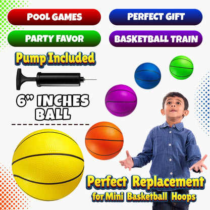Mini Basketball Set for Kids - 6 Inch (5 Pack) w/Hand Pump - Small Size Indoor Mini Hoop Balls for Toddlers - Over The Door Basketball Games, Indoor & Outdoor, Small Hoops, Pool Play & Party Favors
