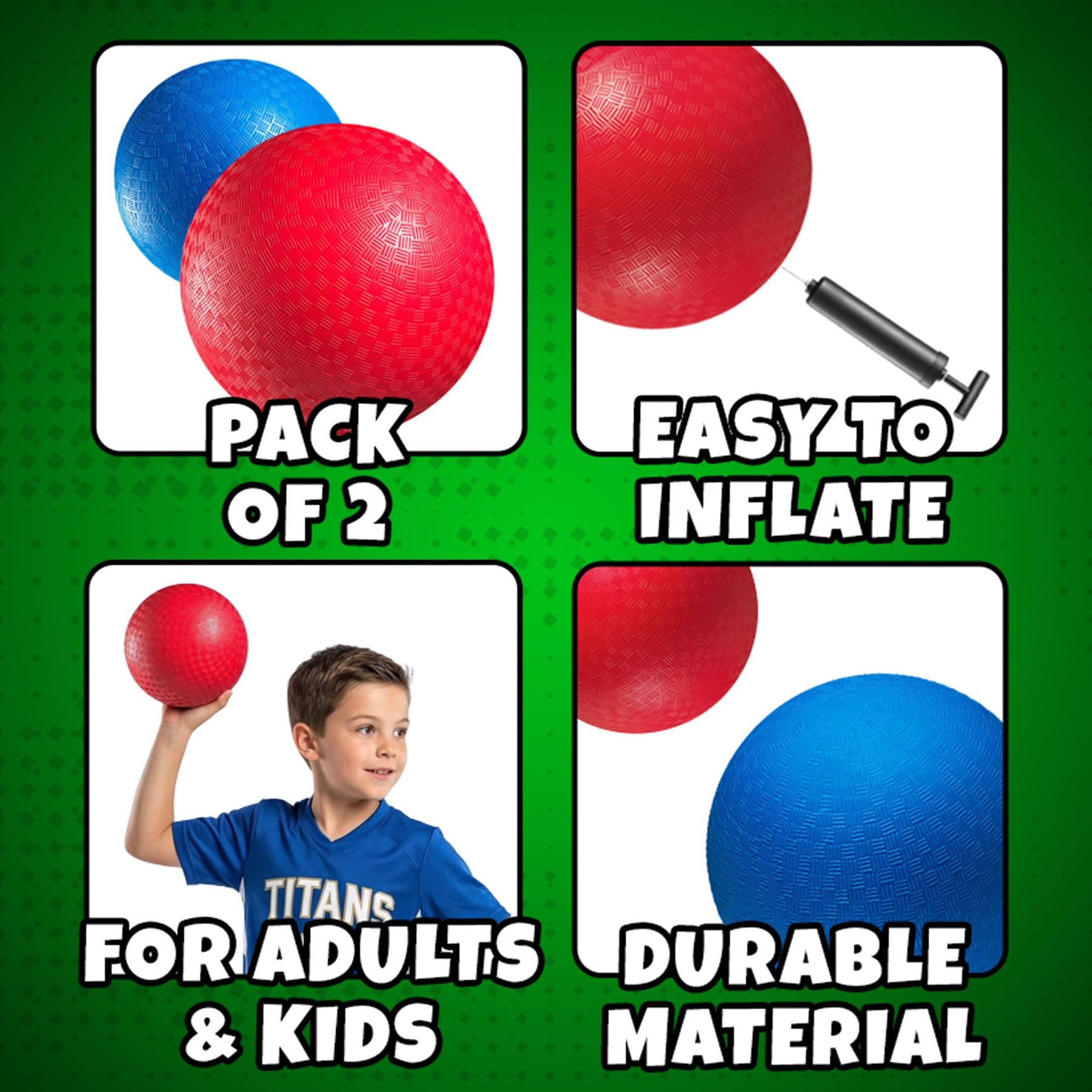 5 Inch Red & Blue Playground Dodgeballs - (2-Pack) - Small Playground Balls for Kids, Teens & Adults - Indoor & Outdoor Gym Sports Balls for Dodgeball, Four Square, PE, Recess Games w/Hand Pump