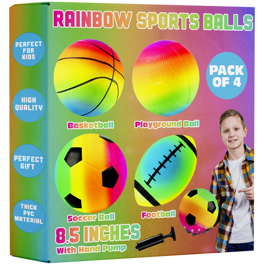 Rainbow Sports Balls for Kids & Toddlers - (Pack of 4) 8.5-Inch Neon Sport Ball Set Includes Football, Soccer, Basketball, & Playground Balls, Toy Balls for Indoor/Outdoor