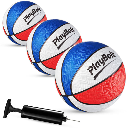 Size 3 Mini Basketballs (Pack of 3) - 7-Inch Premium Red, White & Blue Youth Rubber Basketballs with Hand Pump for Kids, Indoor Over-the-Door Hoops, Backyard Pools, Arcade Games, Training and Practice