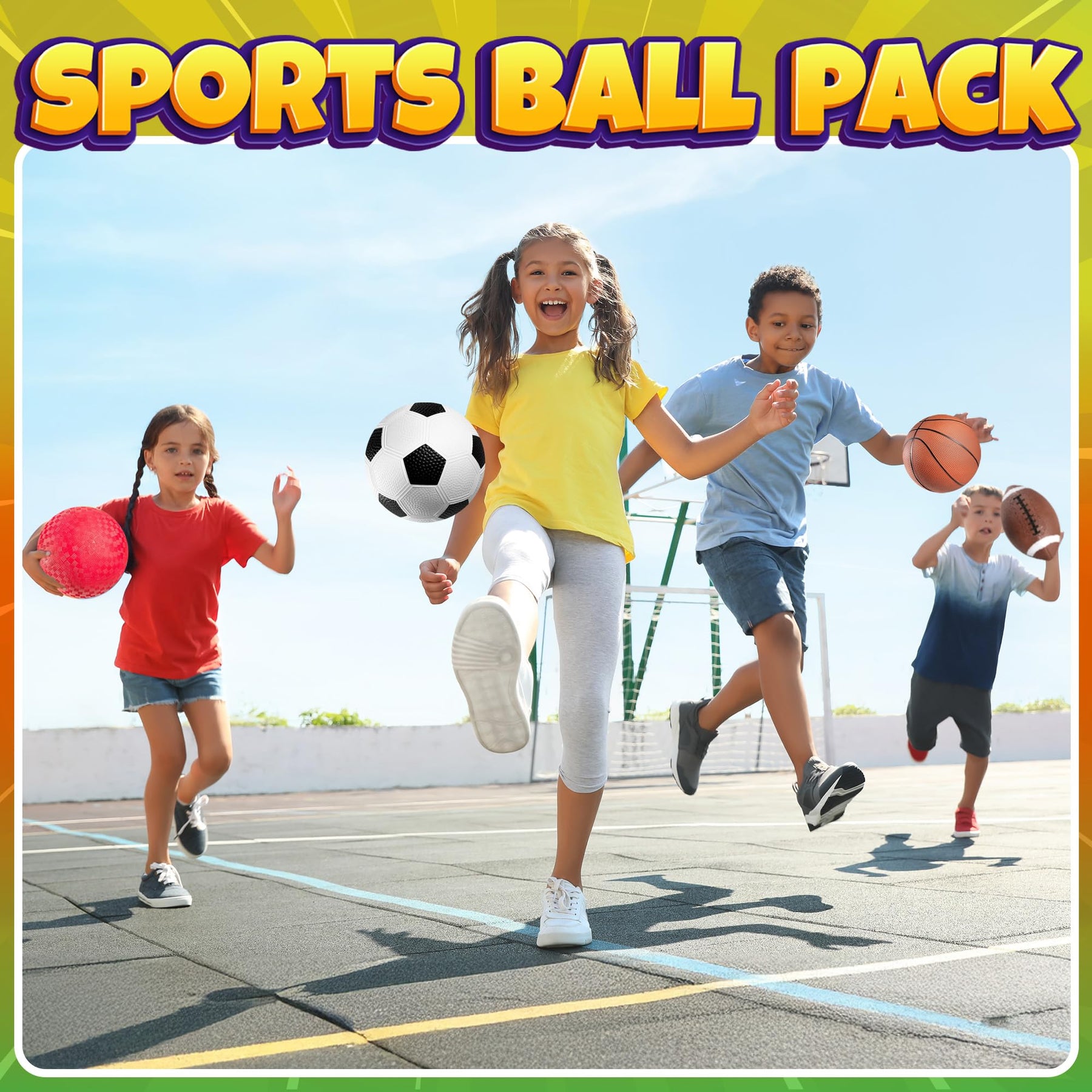 Sports Balls for Kids & Toddlers - (Pack of 4) 5-inch Sports Set Includes Football, Small Size Soccer, Basketball, and Playground Balls, Fun Indoors & Outdoor Toys (Hand Pump Included)
