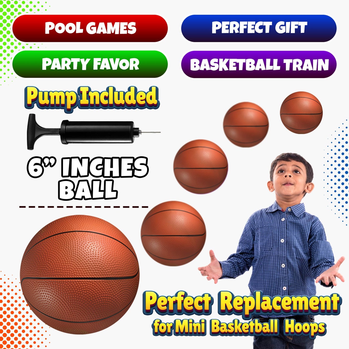 Mini Basketball Set for Kids - 6 Inch (5 Pack) w/Hand Pump - Small Size Indoor Mini Hoop Balls for Toddlers - Over The Door Basketball Games, Indoor & Outdoor, Small Hoops, Pool Play & Party Favors