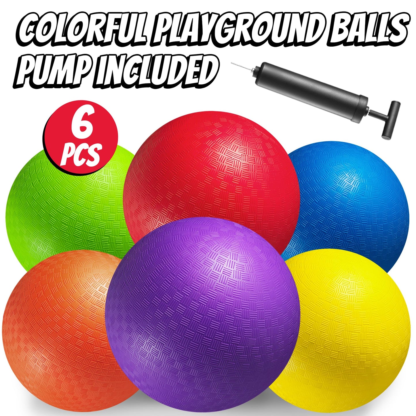 10 Inch Kickball Playground Balls - (Pack of 6) Inflatable Rubber Indoor Outdoor Bouncy Balls for Adults & Kids - Dodgeballs, Kickballs, Four Square and Handballs for School, Gym, with Hand Pump