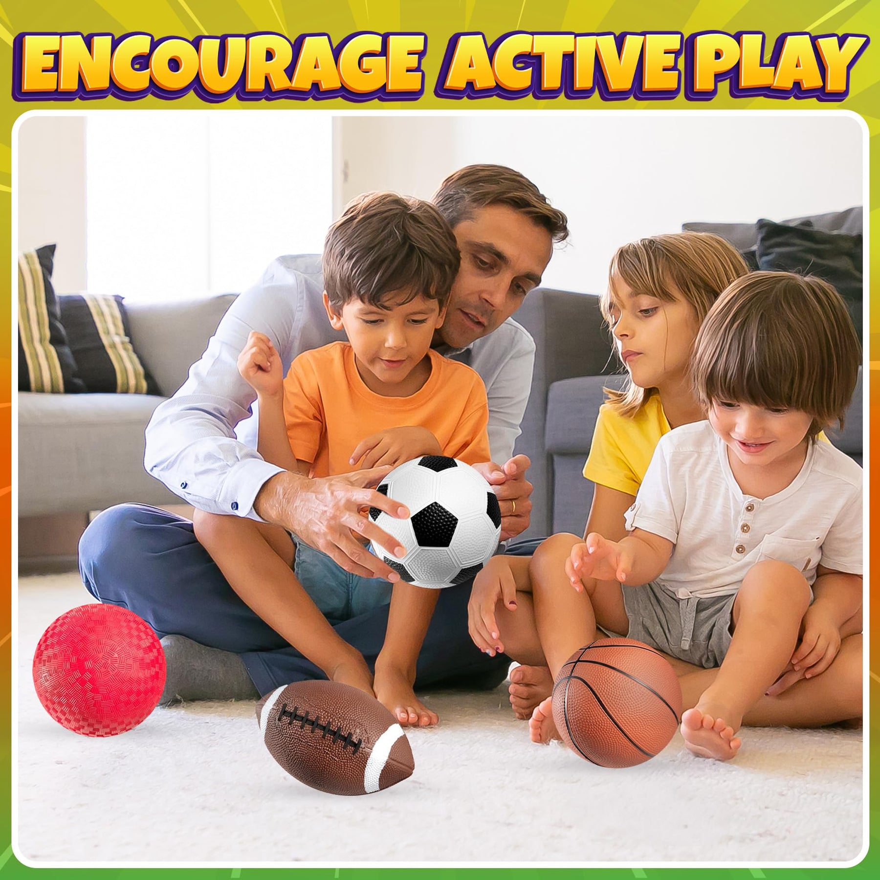 Sports Balls for Kids & Toddlers - (Pack of 4) 5-inch Sports Set Includes Football, Small Size Soccer, Basketball, and Playground Balls, Fun Indoors & Outdoor Toys (Hand Pump Included)