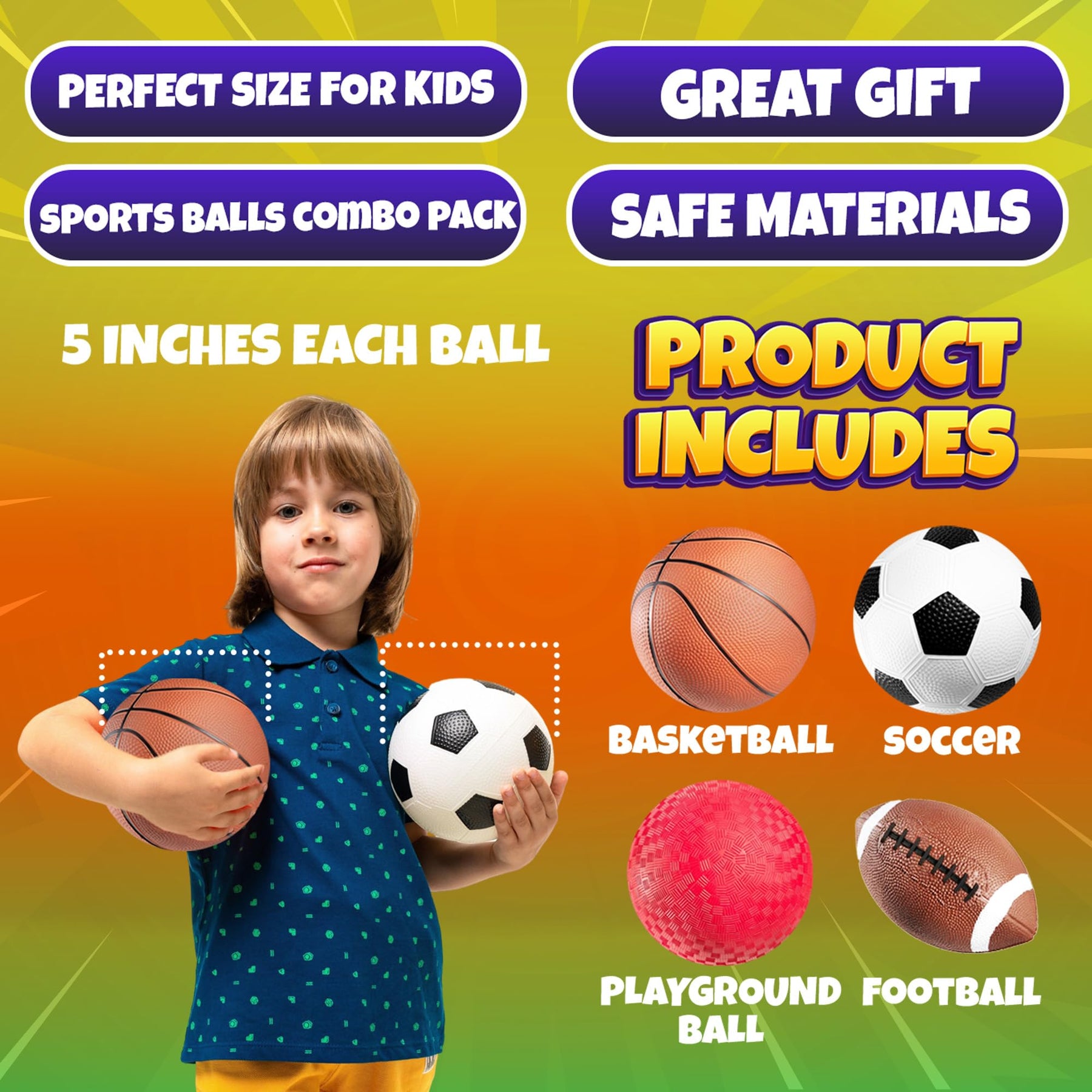 Sports Balls for Kids & Toddlers - (Pack of 4) 5-inch Sports Set Includes Football, Small Size Soccer, Basketball, and Playground Balls, Fun Indoors & Outdoor Toys (Hand Pump Included)