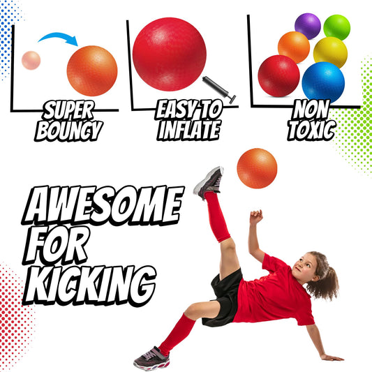 8.5 Inch Playground Balls Dodgeballs for Kids & Adults - (Pack of 6) Inflatable Rubber Indoor Outdoor Bouncy, Kickballs, Four Square and Handballs for School, Gym, Recess and More with Ball Pump