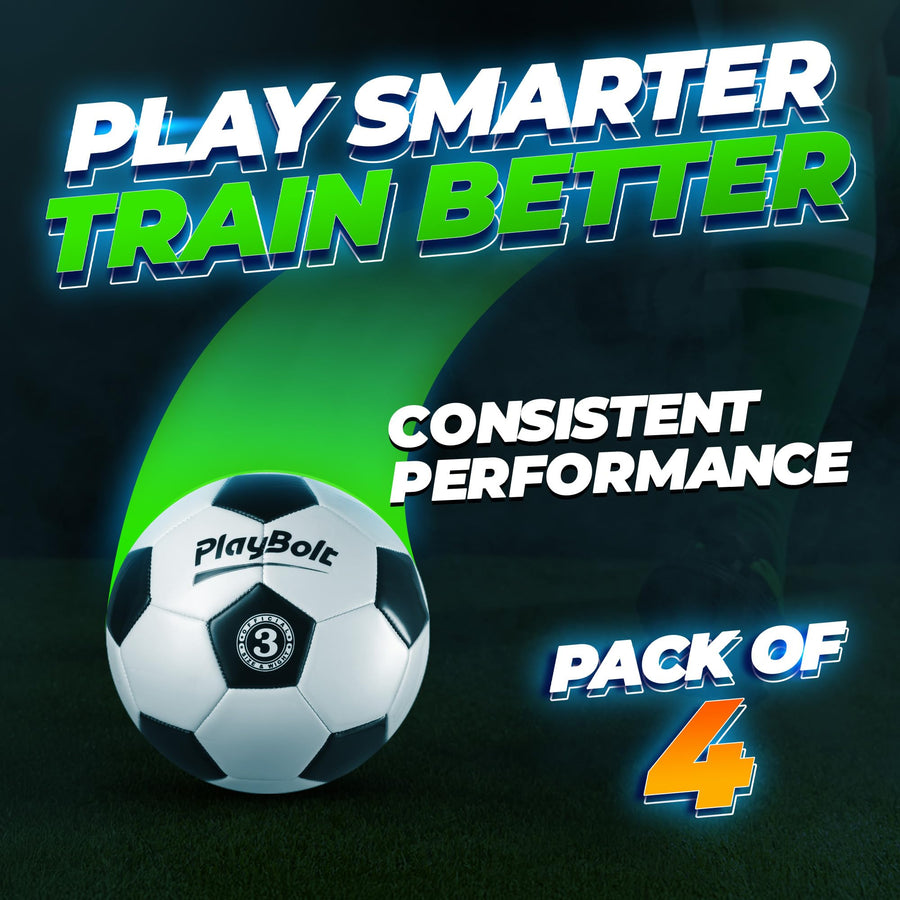 PlayBolt Soccer Ball Size 3 - Premium PVC Leather Cover - Youth Soccer Balls with Pump - Training, Practice, Match & Game Ball for Kids (Pack of 4)