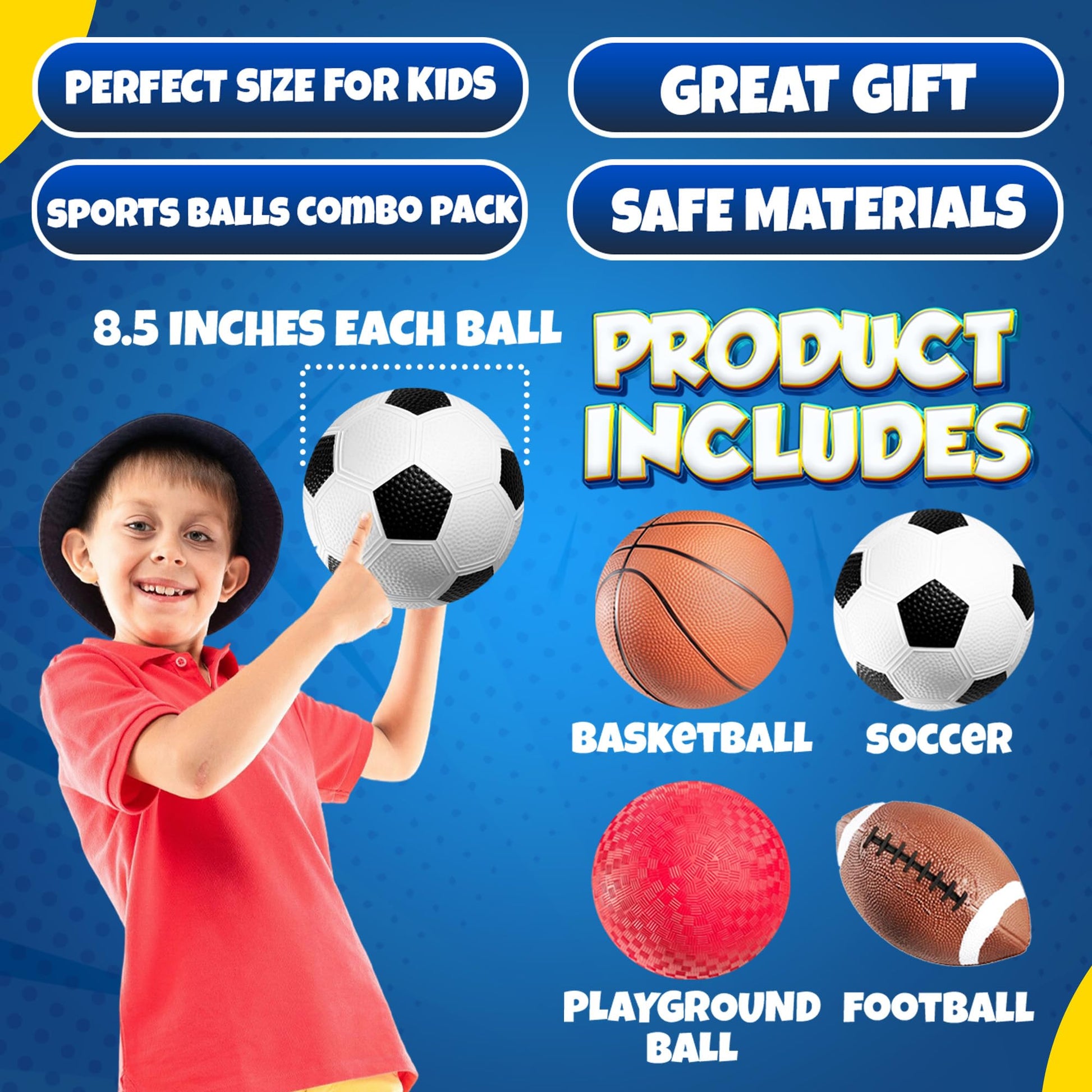 8.5” Sports Balls for Kids & Toddlers - (Pack of 4) Rubber Inflatable Multi-Sport Ball Set - Football, Soccer Ball, Basketball, Playground Ball & Pump - Birthday Gift Toys for Boys & Girls