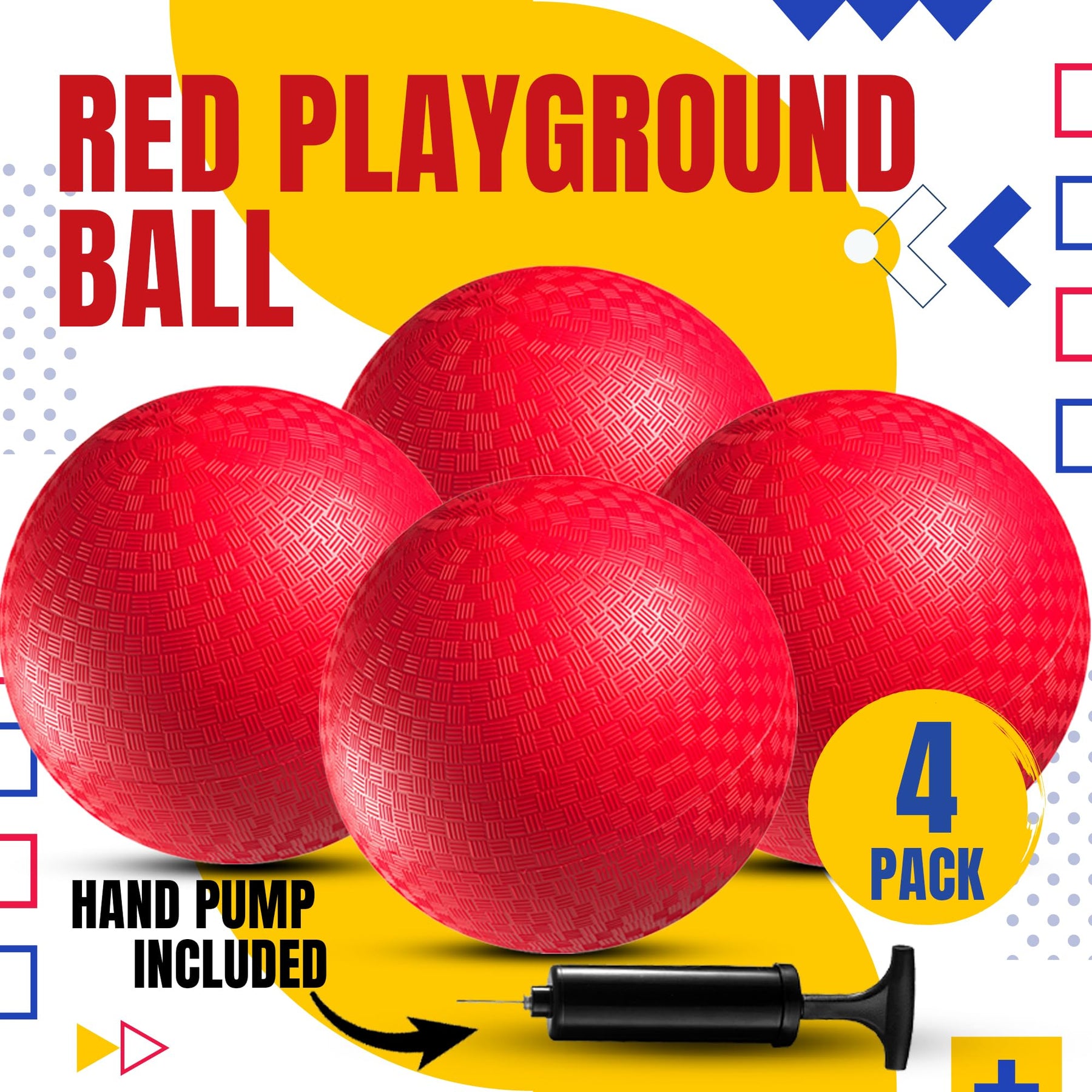 PlayBolt Playground Balls Bulk - 8.5 Inch Red Rubber Kickball Bouncy Inflatable Balls for Kids & Adults w/Hand Pump, Indoor & Outdoor Games, Kickballs, Dodgeball, Four Square, and More, (4-Pack)