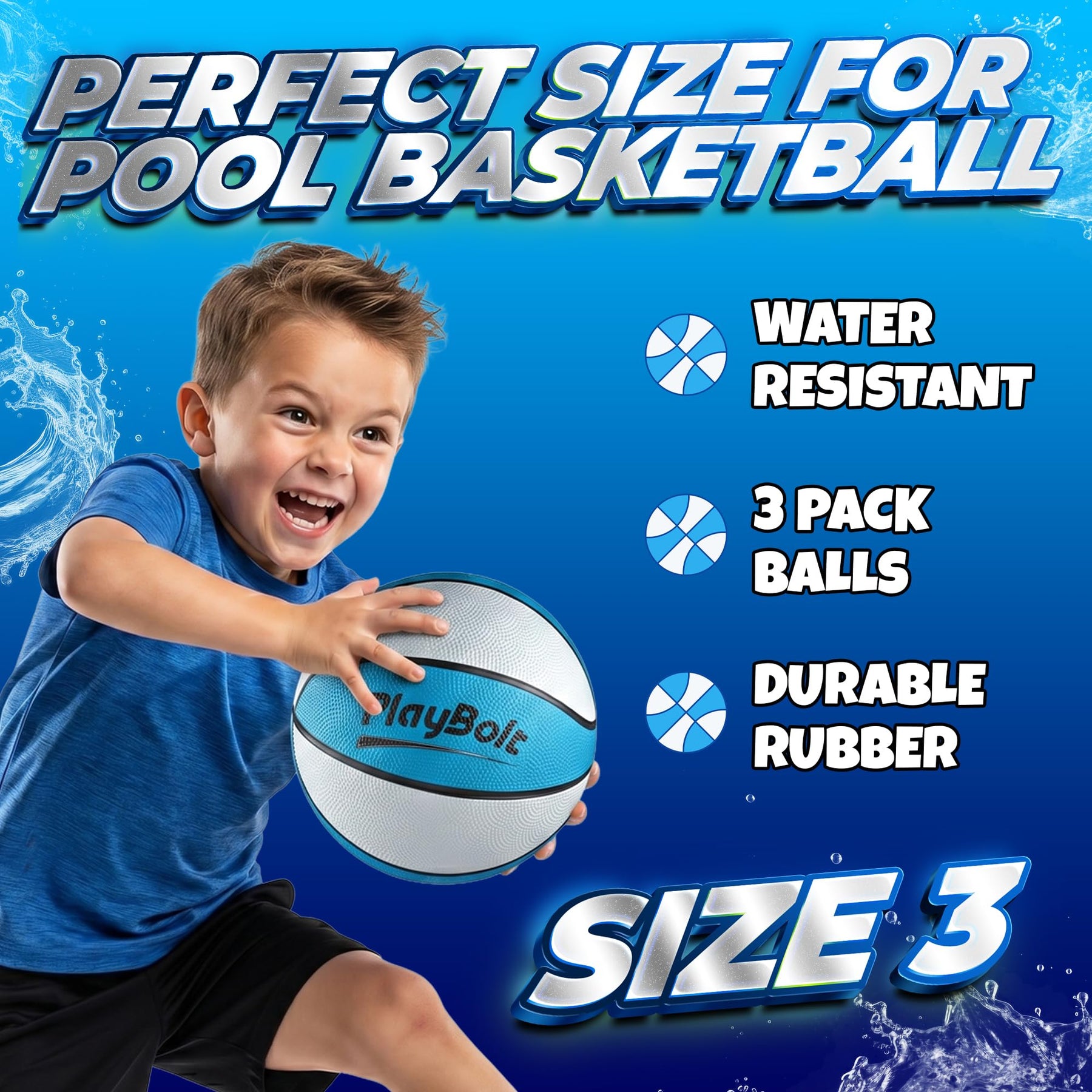 PlayBolt 7-Inch Pool Basketballs (3 Pack) - Waterproof Water Toy Balls - Size 3 Floating Water Basketball for Pool Hoop, Swimming Pool Party Games, Kids & Adults