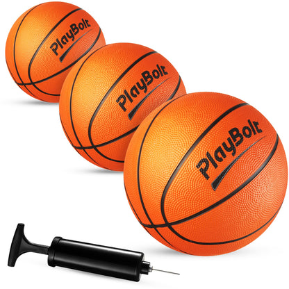 PlayBolt Size 3 Mini Basketballs (Pack of 3) - 7-Inch Premium Orange Youth Rubber Basketballs with Hand Pump for Kids, Indoor Over-The-Door Hoops, Backyard Pools, Arcade Games, Training and Practice