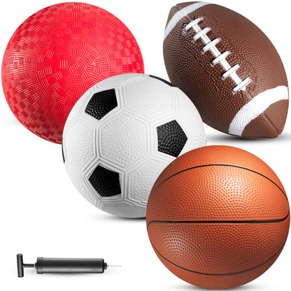 8.5” Sports Balls for Kids & Toddlers - (Pack of 4) Rubber Inflatable Multi-Sport Ball Set - Football, Soccer Ball, Basketball, Playground Ball & Pump - Birthday Gift Toys for Boys & Girls