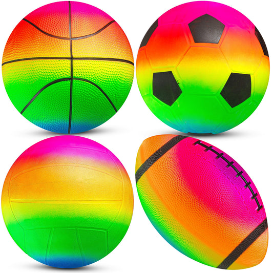 PlayBolt Sports Ball Set (4 Pack) - 5-Inch Rainbow Mini Basketball, Soccer, Football & Playground Balls w/Hand Pump - Fun Indoor Outdoor Toys for Toddlers, Little Kids, Preschoolers & Early Play
