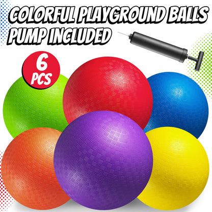 8.5 Inch Playground Balls Dodgeballs for Kids & Adults - (Pack of 6) Inflatable Rubber Indoor Outdoor Bouncy, Kickballs, Four Square and Handballs for School, Gym, Recess and More with Ball Pump